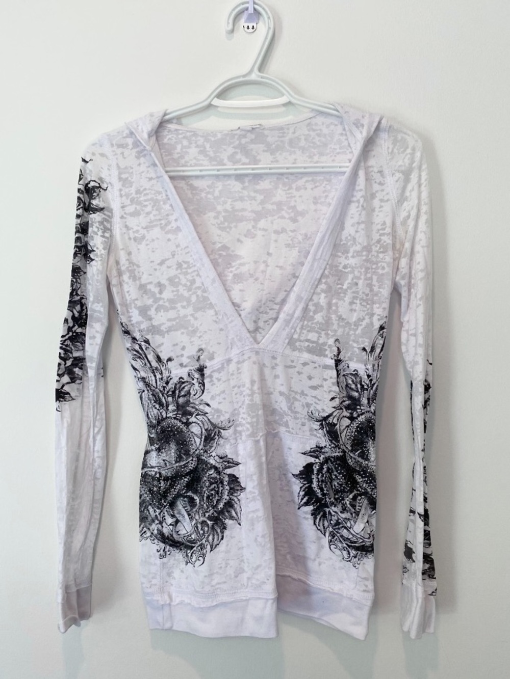 Y2K White Burnout V-Neck Hooded Long Sleeve with Black/Rhinestone Tattoo Print